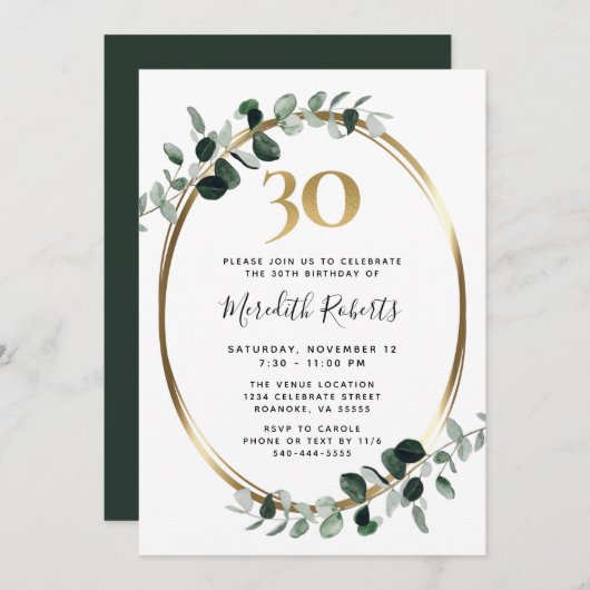 30e verjaardag Eucalyptus Gold Metallic Party Kaart (Voorkant / Achterkant)
