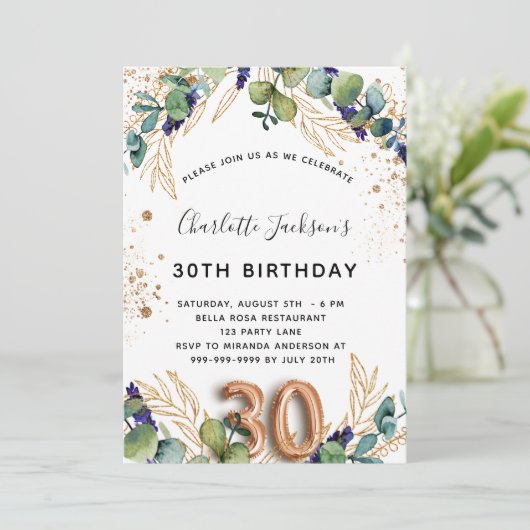 30e verjaardag eucalyptus greenery glitter elegant kaart (Staand voorkant)