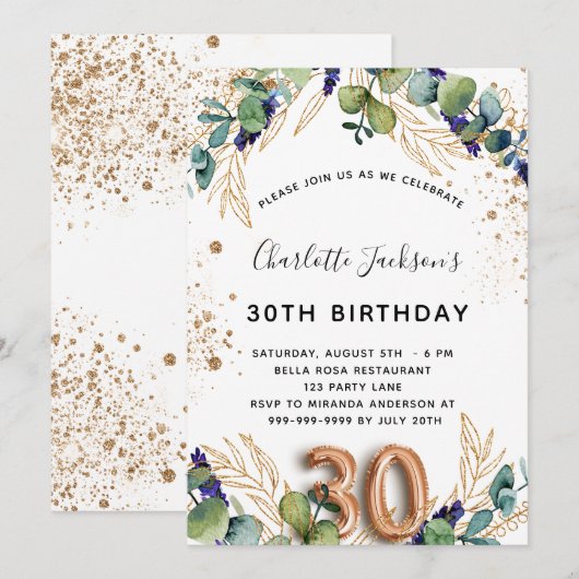 30e verjaardag eucalyptus greenery glitter elegant kaart (Voorkant / Achterkant)