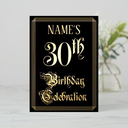 30e verjaardag — Fancy script en aangepaste naam Folie Uitnodiging (Staand Voorkant)