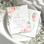 30e Verjaardag Feest Vrouwelijke Roze Bloemen Uitnodiging Briefkaart<br><div class="desc">Een mooie en vrouwelijke feestuitnodiging om een 30e verjaardag in elegante stijl te vieren. Dit bloemige ontwerp is omzoomd met een lijst van charmante roze pioenen en groen.</div>