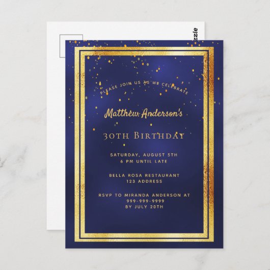 30e verjaardag feestje blauwe goudgouden glimmende briefkaart (Voorkant / Achterkant)