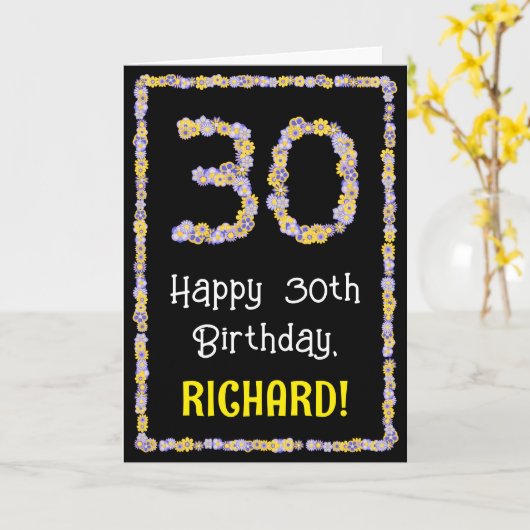 30e verjaardag: Floral Flowers Number, Custom Name Kaart (Gele Bloem)