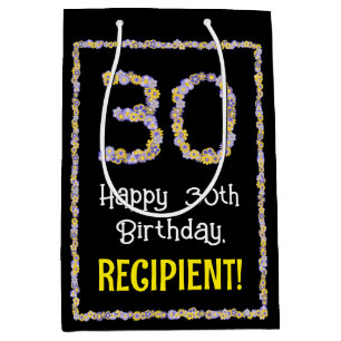 30e verjaardag: Floral Flowers Number, Custom Name Medium Cadeauzakje