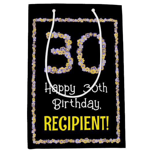 30e verjaardag: Floral Flowers Number, Custom Name Medium Cadeauzakje (Voorkant)