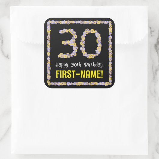 30e verjaardag: Floral Flowers Number, Custom Name Vierkante Sticker (Tas)