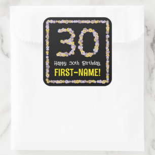 30e verjaardag: Floral Flowers Number, Custom Name Vierkante Sticker