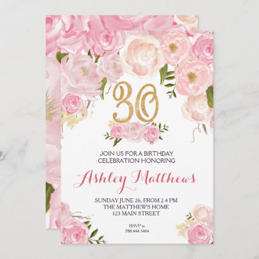 30e verjaardag Floral Invitation, Kaart (Voorkant / Achterkant)