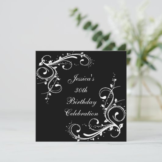 30e verjaardag Floral Swirls Black & White Kaart (Staand voorkant)