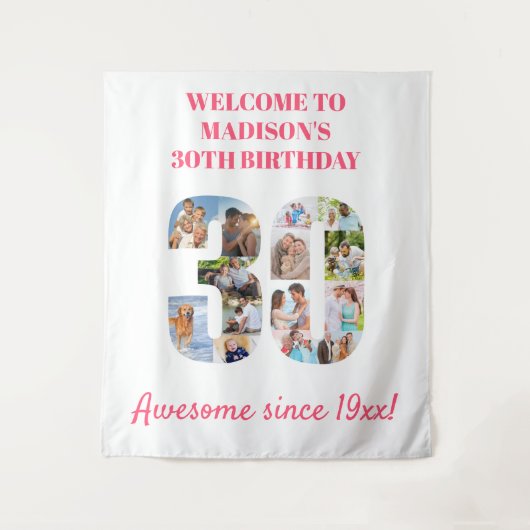 30e verjaardag Foto Collage Backdrop roze Wandkleed (Voorkant)