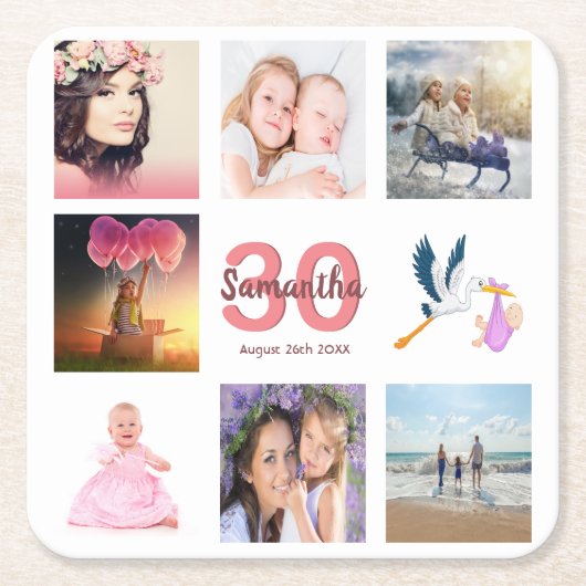 30e verjaardag foto collage naam kartonnen onderzetters (Voorkant)