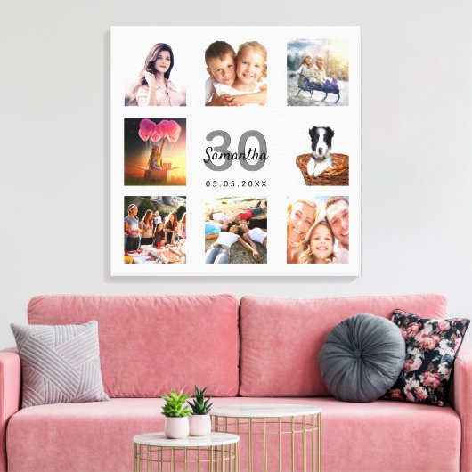 30e verjaardag foto collage witte monogram canvas afdruk (Insitu (Woonkamer))
