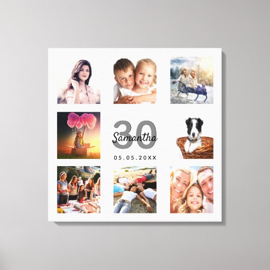 30e verjaardag foto collage witte monogram canvas afdruk (Voorkant)
