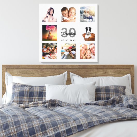 30e verjaardag foto collage witte monogram canvas afdruk (Insitu (Slaapkamer))