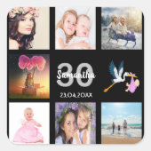 30e verjaardag foto collage zwart monogram vierkante sticker (Voorkant)