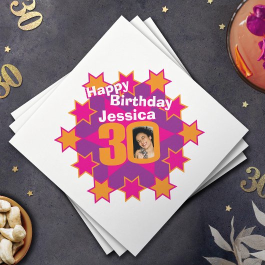 30e verjaardag foto en naam roze ster servetten