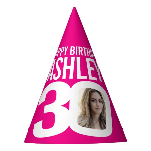 30e verjaardag foto gepersonaliseerd wit heet roze feesthoedjes (Voorkant)