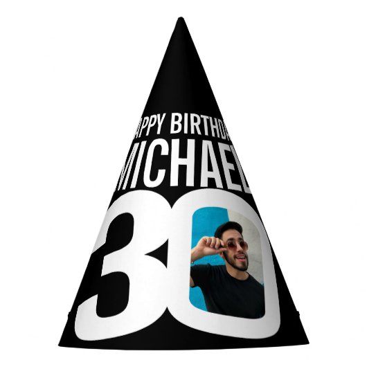 30e verjaardag foto gepersonaliseerde wit zwart feesthoedjes (Voorkant)