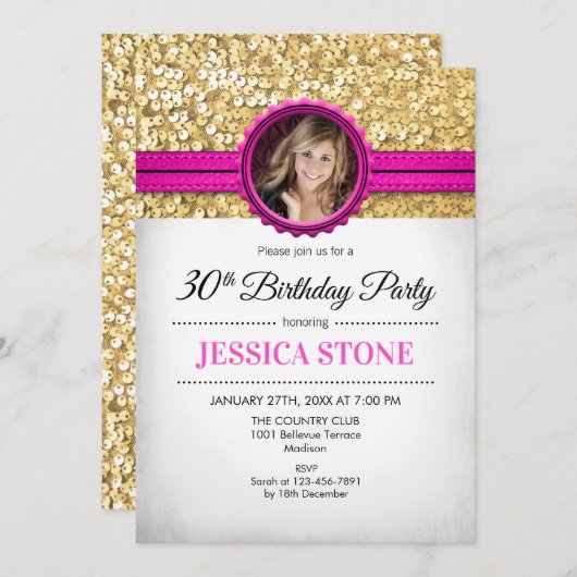 30e verjaardag foto - goud wit heet roze kaart (Voorkant / Achterkant)