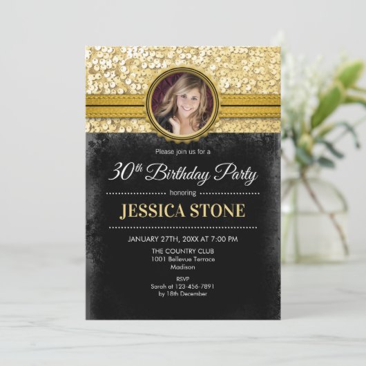30e verjaardag foto - Goud Zwart Kaart (Staand voorkant)