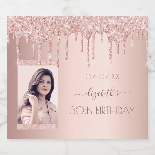 30e verjaardag foto roos goud glitter roze sparkling wijnetiket (Enkel label)