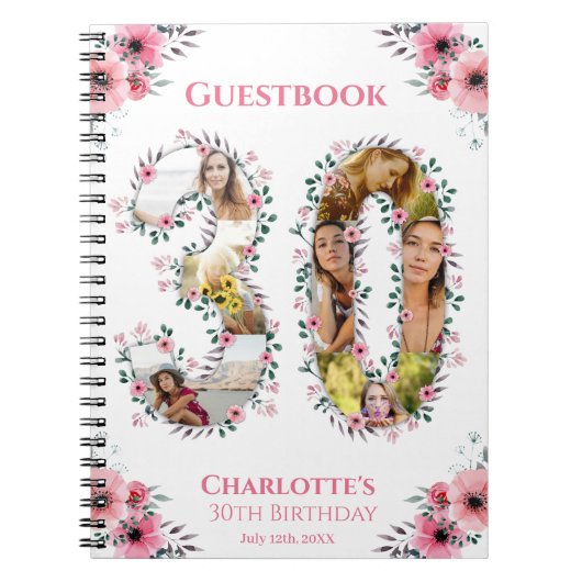 30e verjaardag Foto roze flower White Guest Book Notitieboek (Voorkant)