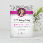 30e verjaardag foto - zilver wit heet roze kaart (Staand voorkant)