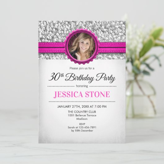 30e verjaardag foto - zilver wit heet roze kaart (Staand voorkant)