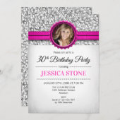 30e verjaardag foto - zilver wit heet roze kaart (Voorkant / Achterkant)