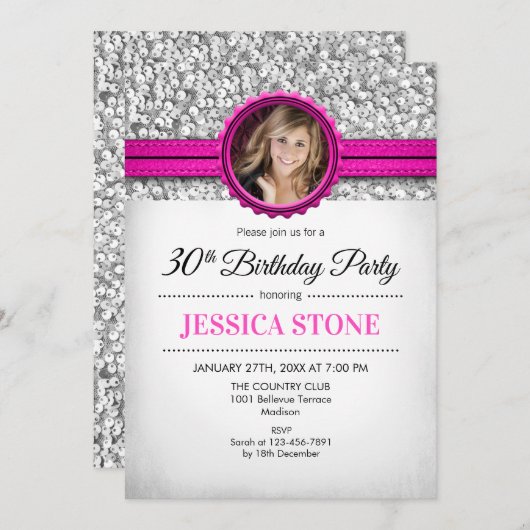 30e verjaardag foto - zilver wit heet roze kaart (Voorkant / Achterkant)