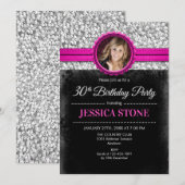 30e verjaardag foto - Zilver Zwart Hot Pink Kaart (Voorkant / Achterkant)