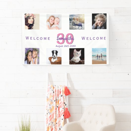 30e verjaardag fotocollage vrouw wit spandoek (Insitu)