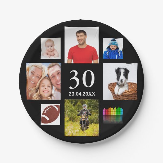 30e verjaardag fotocollage zwarte man zwarte papieren bordje (Voorkant)