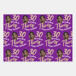 30e verjaardag foto's paars goud zwart-wit inpakpapier vel
