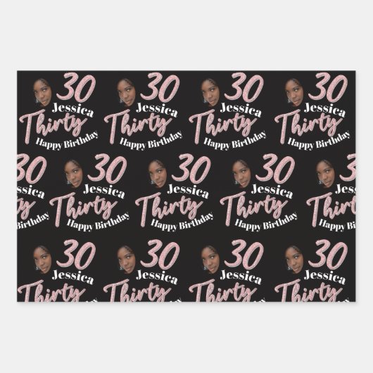30e verjaardag foto's roze zwart-wit inpakpapier vel (Voorkant)