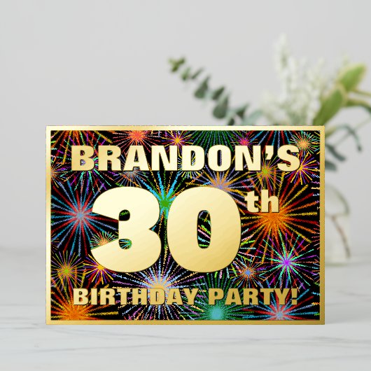 30e verjaardag — Fun, kleurrijke Fireworks look Folie Uitnodiging (Staand Voorkant)