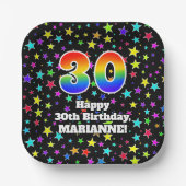 30e verjaardag: Fun Stars Pattern and Rainbow "30" Papieren Bordje (Voorkant)
