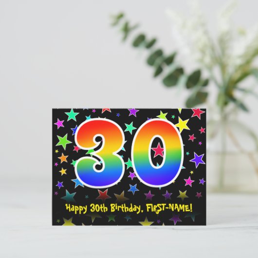 30e verjaardag: Fun Stars Pattern, Rainbow 30, Naa Briefkaart (Staand voorkant)