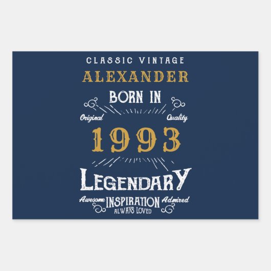 30e verjaardag Geboren in 1993 blauw goud Legend Inpakpapier Vel (Voorkant 2)