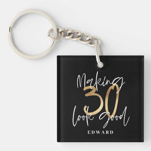30e verjaardag gepersonaliseerd cadeau zwart goud sleutelhanger (Voorkant)