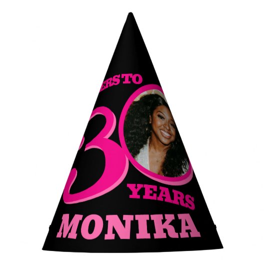 30e verjaardag gepersonaliseerde foto roze zwart feesthoedjes (Voorkant)