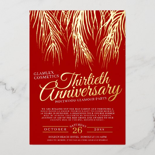 30e verjaardag glamour party gouden paarse palmen folie uitnodiging (Voorkant)