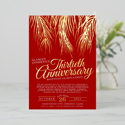 30e verjaardag glamour party gouden paarse palmen folie uitnodiging (Staand Voorkant)
