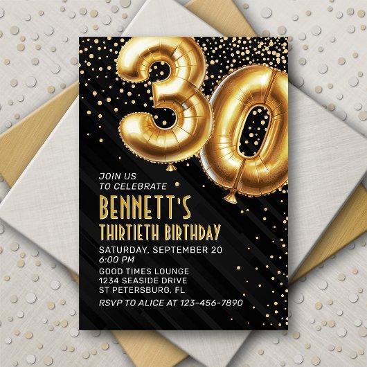 30e verjaardag Gold Black Invitation Kaart