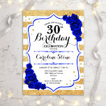 30e verjaardag - Gold Stripes Royal Blue Rozen Kaart<br><div class="desc">30e uitnodiging van de verjaardag. Elegant design in goud,  wit,  koninklijk blauw met faux glitter. Met gouden en witte strepen,  saffierse rozen,  scriptlettertype en confetti. Ideaal voor een elegante dertigste verjaardagsfeestje.</div>