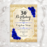 30e verjaardag - Gold Stripes Royal Blue Rozen Kaart<br><div class="desc">30e uitnodiging van de verjaardag. Elegant design in goud en koninklijk blauw. Met faux glitter Gold stripes,  sapphire rozen,  stijlvol script font en confetti. Ideaal voor een glam verjaardagsfeestje.</div>