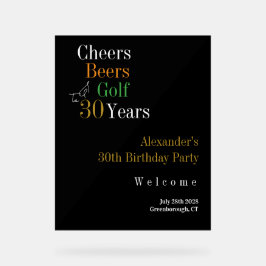 30e Verjaardag Golf Cheers Beers Zwart Goud Welkom Acryl Bord