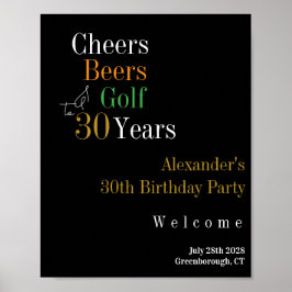 30e Verjaardag Golf Cheers Beers Zwart Goud Welkom Poster