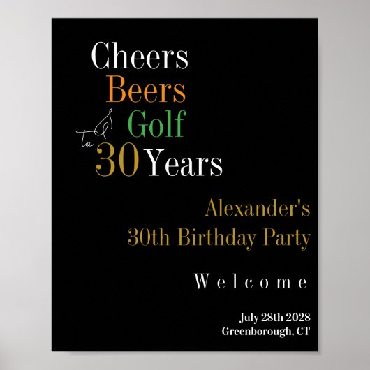30e Verjaardag Golf Cheers Beers Zwart Goud Welkom Poster (Voorkant)