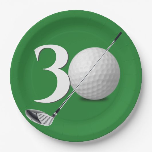 30e verjaardag golfbal en club op groen papieren bordje (Voorkant)